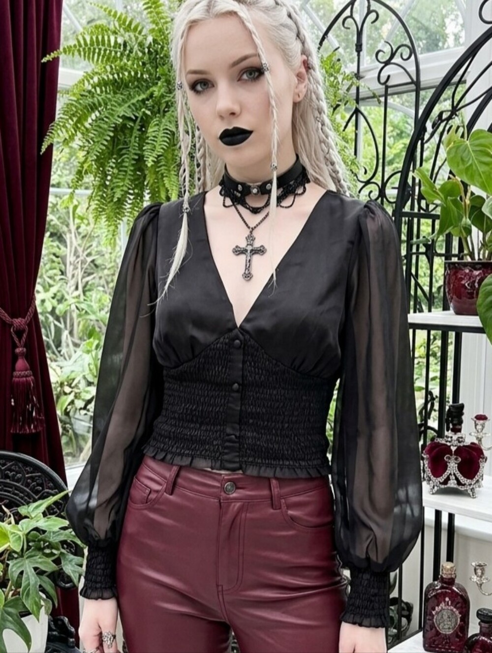 Fashion Nova NWT Elegant Goth Sheer Sleeve Ruched Bodice Blouse